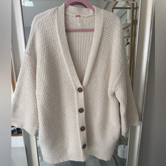 Free People Herringbone Stitch Kimono Cardigan Ivory Oversized Slouchy Small - Picture 13 of 14